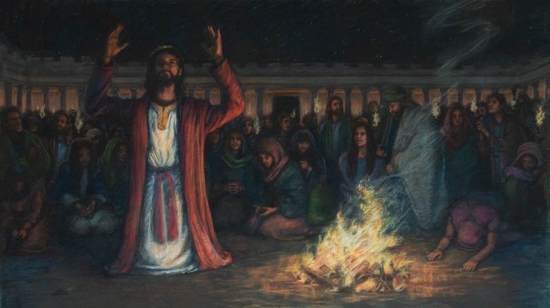 A crowned king of Judah in a crimson robe standing with both hands lifted in prayer before a fire, surrounded by the assembled people seated in a torch-lit temple courtyard at night.