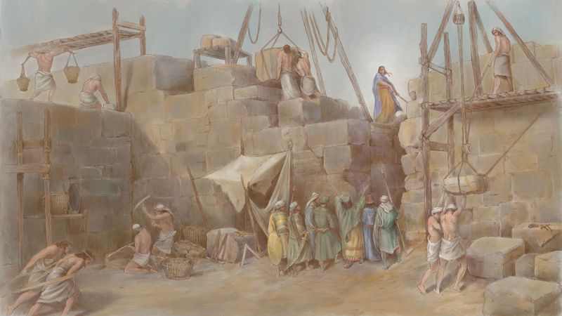 Workers rebuilding the great stone wall of Jerusalem — men hauling baskets of rubble and hoisting cut blocks on rope-and-scaffold pulleys, while a robed leader in blue and gold stands atop the unfinished wall directing the labor and a group of officials confers below.