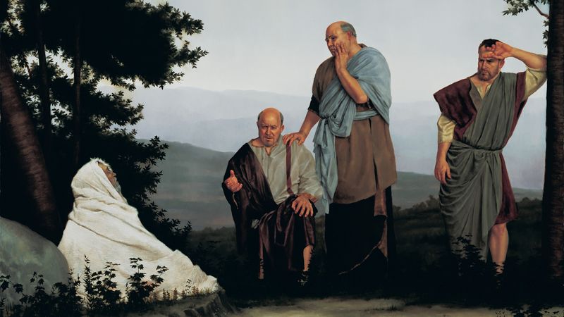 Job, wrapped in white and seated on the ground in his affliction, with his three friends approaching across a hill country — one kneeling and gesturing, one with a hand raised to his face, and one shielding his eyes — come to mourn with him and to comfort him.