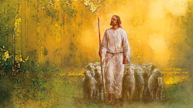 The Good Shepherd — Jesus Christ in a white robe with a long staff, walking at the head of a flock of sheep through a golden, sunlit autumn wood, the light falling warm through the trees behind him.