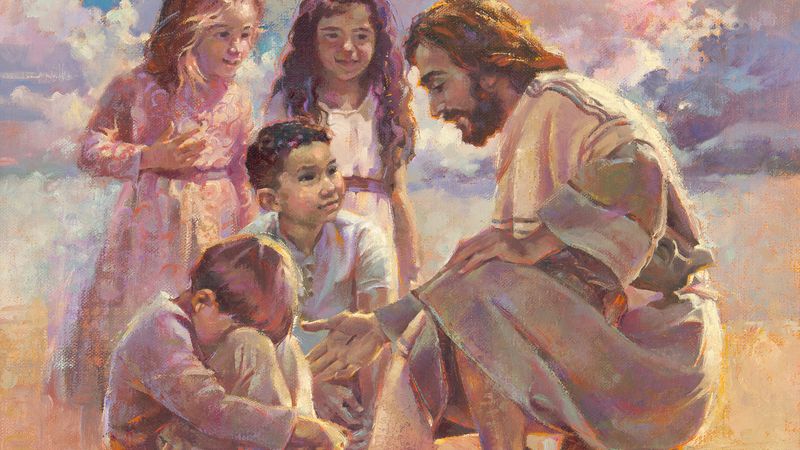 A painted scene in soft warm light: Jesus kneels on one knee among four children, leaning toward them with an open hand extended. A boy in white looks up into his face; two girls in pink stand behind, one smiling, one with her hands raised in delight; and a fourth child sits at his feet with her head bowed against her arm. Clouds and open sky fill the background.