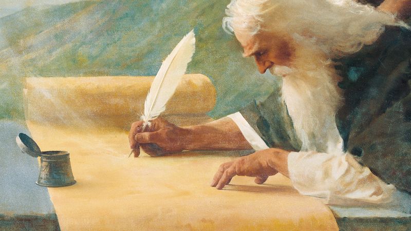 A painting in soft blue-green light: an elderly man with long white hair and a full white beard leans over a scroll unrolled across a table, writing on it with a white quill. He wears a deep green robe over a loose white shirt with the sleeve turned back at the wrist. His left hand rests flat on the scroll to hold it steady while his right hand writes. A small metal inkwell with its lid tipped open stands on the table at the left edge, and the scroll curls back on itself behind his hands.