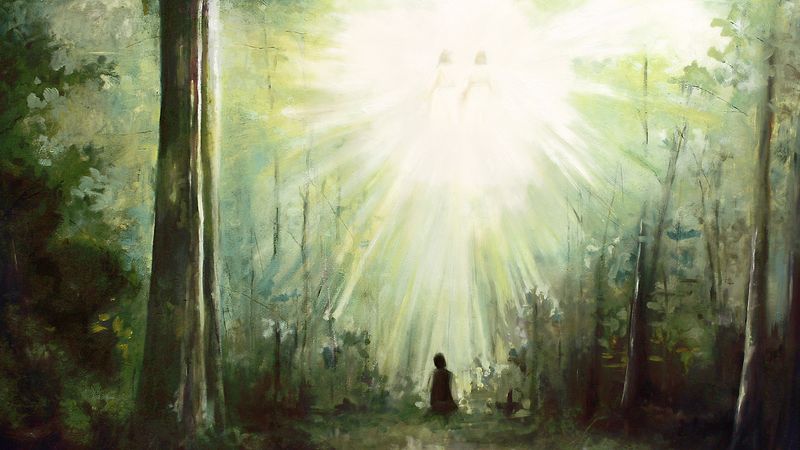 A young man kneels in a forest clearing beneath a brilliant light and two figures.