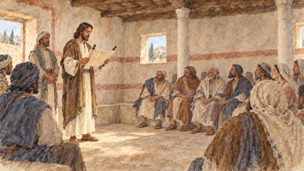 Jesus Christ reading from a scroll in the synagogue.