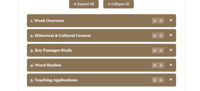 Accordion panels showing Week Overview, Historical Context, Key Passages, Word Studies, and Teaching Applications